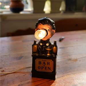 1950s Vintage THE BAR IS OPEN - BARTENDER RED NOSE 8.5” LAMP Japan Works Redware
